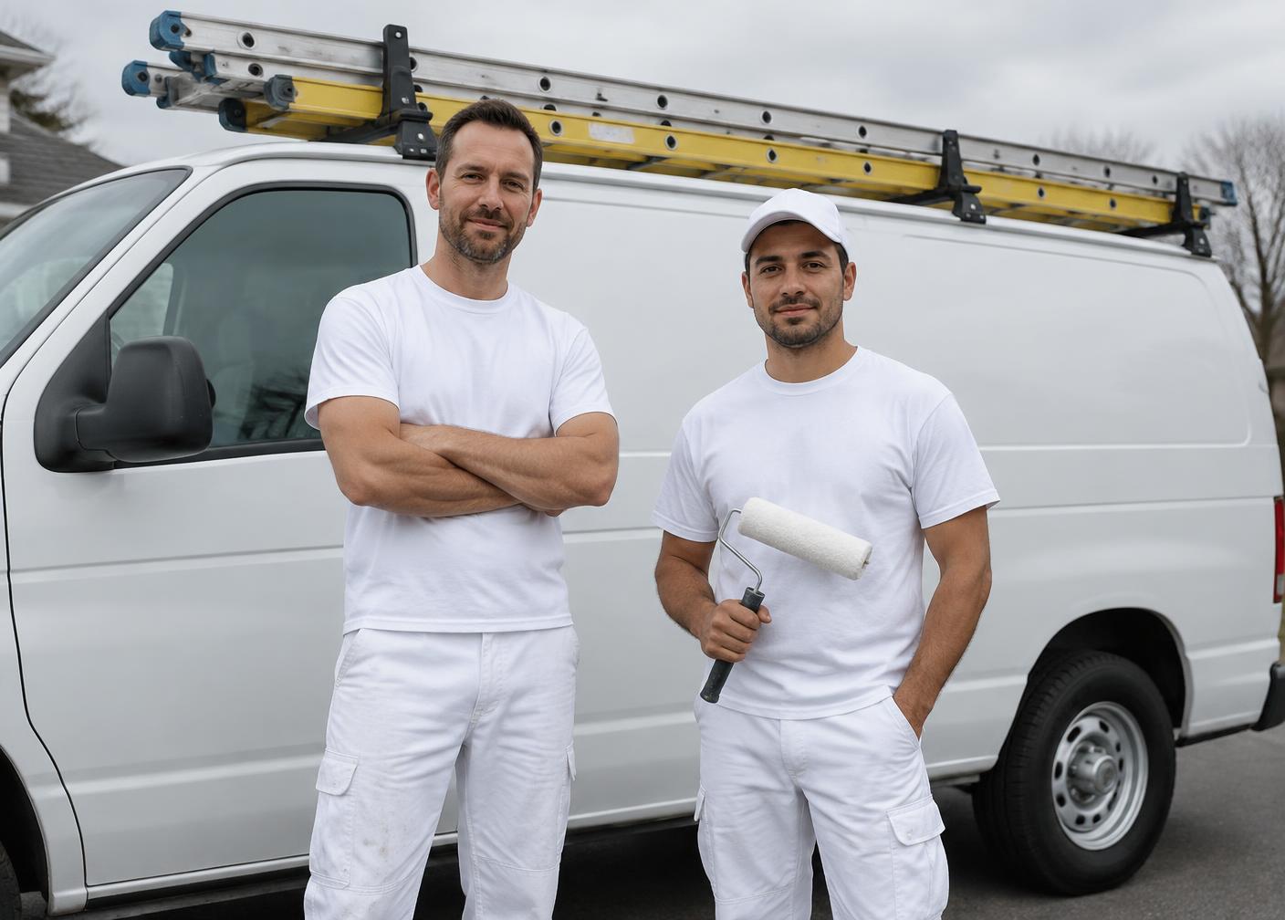 Two Innocente Painting Inc painters standing by their work van
